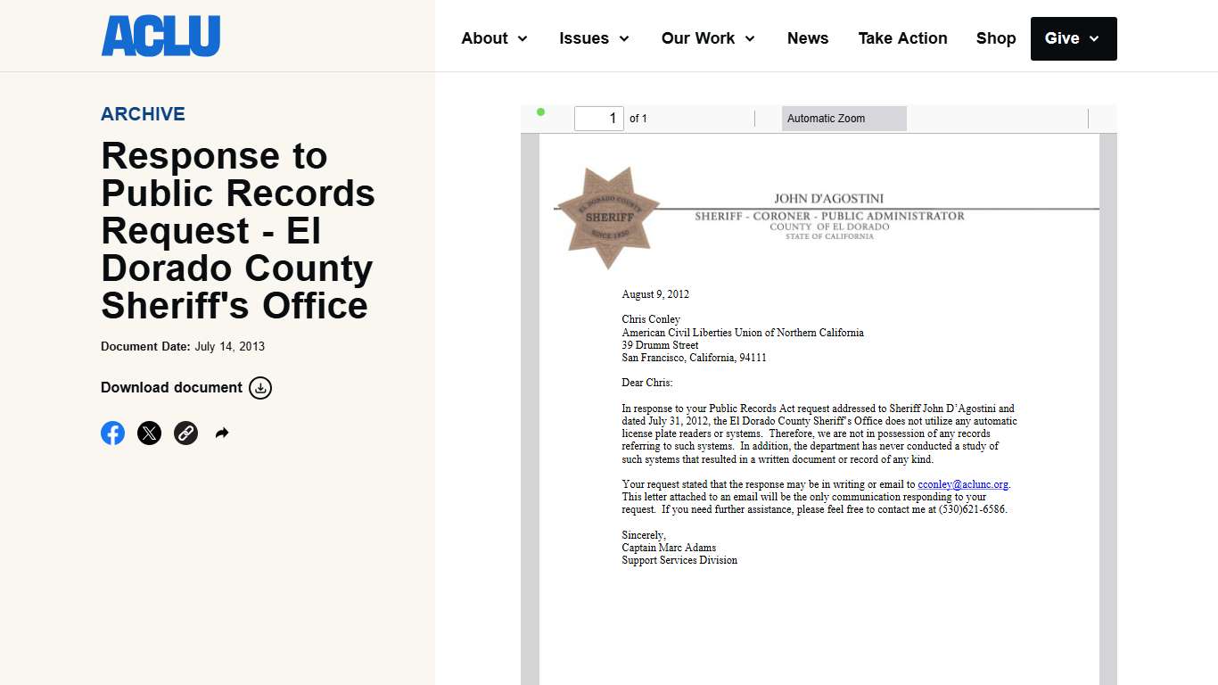 Response to Public Records Request - El Dorado County Sheriff's Office American Civil Liberties Union