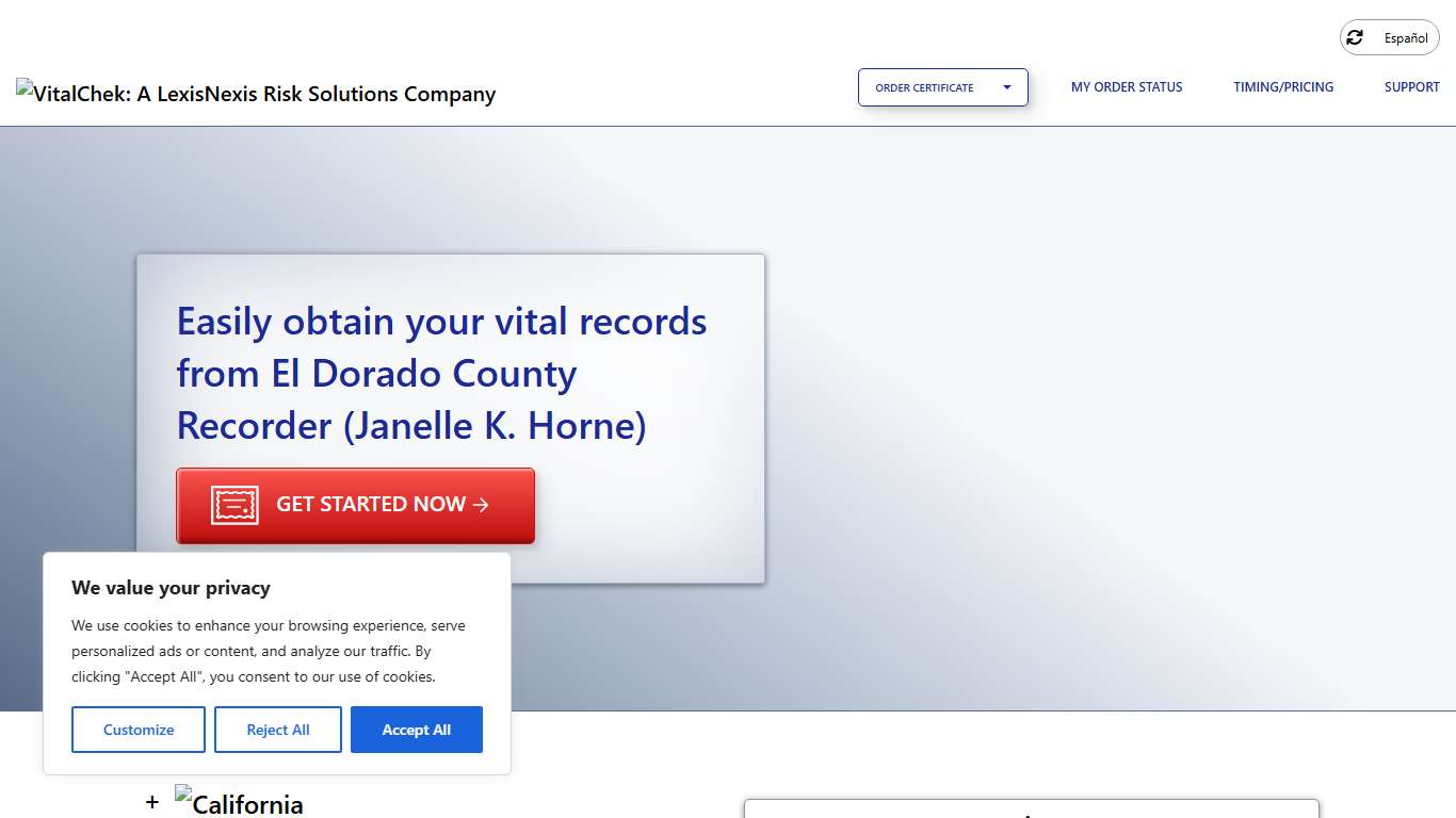 El Dorado County Recorder (Janelle K. Horne) (CA) Order Certificates - VitalChek