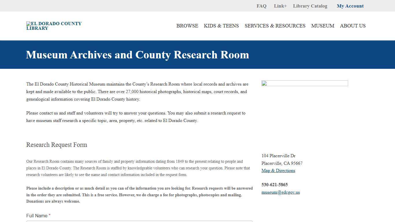 Museum Archives and County Research Room – El Dorado County Library