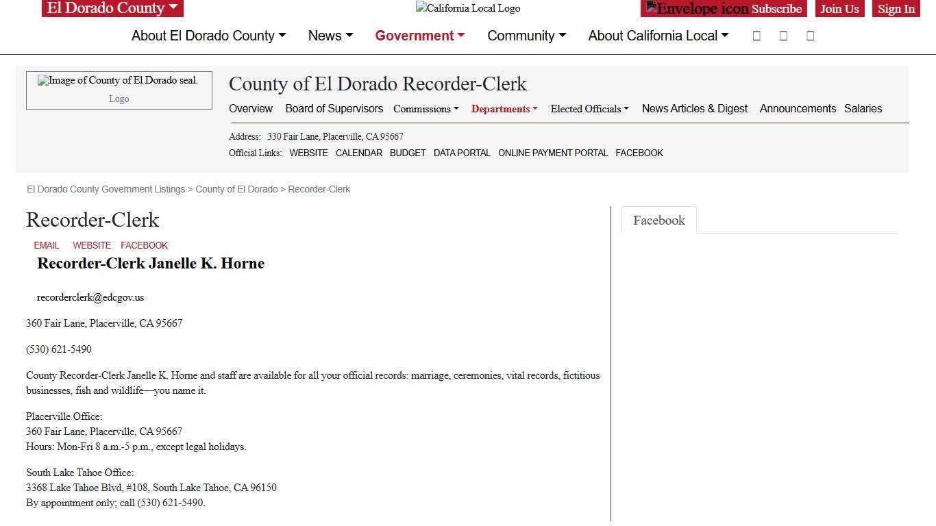 County of El Dorado Government Department