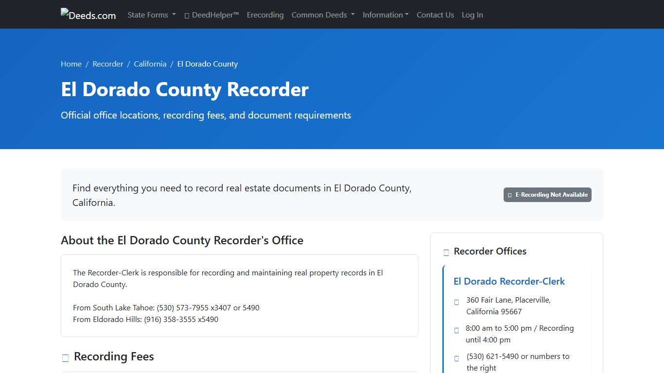 El Dorado County Recorder Information, California - Deeds.com
